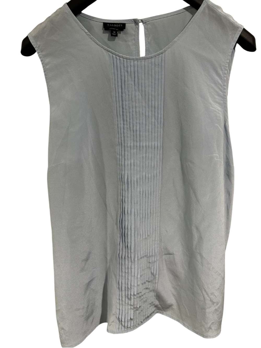Talbots 100% Silk Blouse Size 14 Light Blue Sleeveless Pleated Front Office